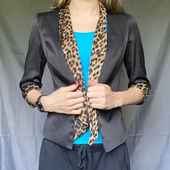 New Love Culture Small Black Blazer Suit Jacket W/ Cheetah Details And Scarf - Picture 5 of 9